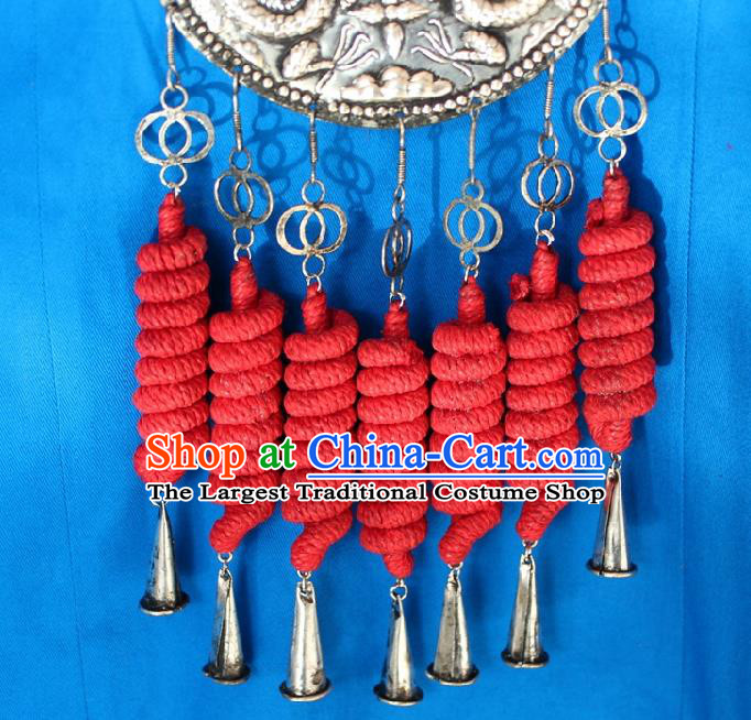 Chinese Handmade Miao Nationality Red Sennit Tassel Necklace Traditional Minority Ethnic Silver Carving Dragon Necklet Accessories for Women