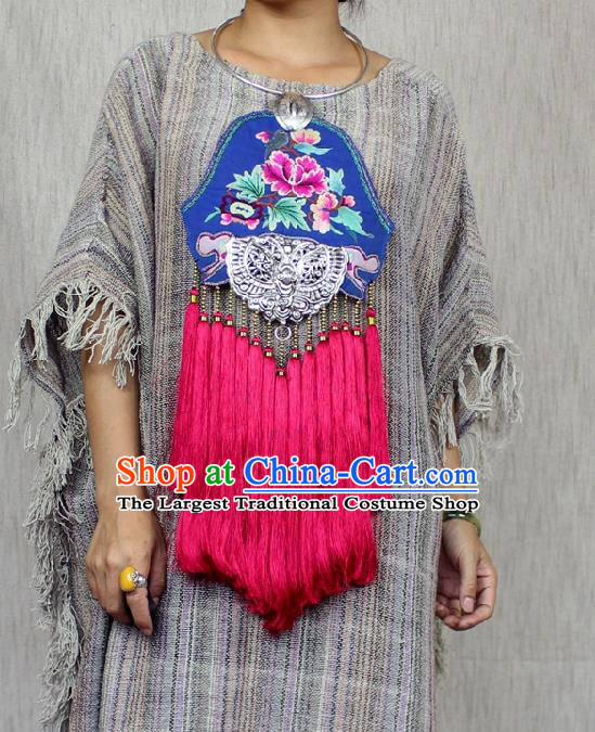 Chinese Handmade Miao Nationality Embroidered Necklace Traditional Minority Ethnic Silver Carving Butterfly Rosy Tassel Necklet Accessories for Women
