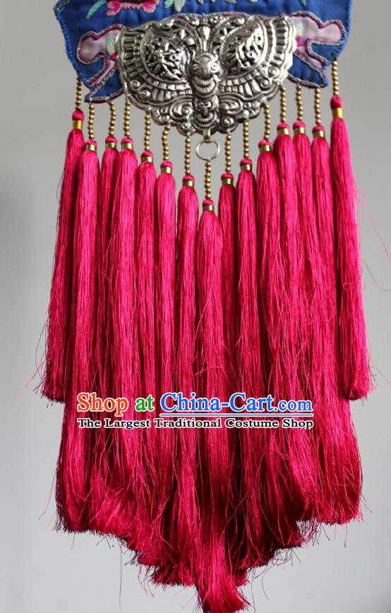 Chinese Handmade Miao Nationality Embroidered Necklace Traditional Minority Ethnic Silver Carving Butterfly Rosy Tassel Necklet Accessories for Women