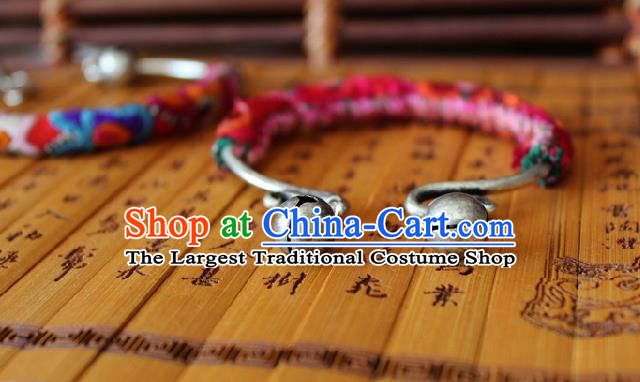 Chinese Handmade Miao Ethnic Embroidered Bangle Accessories Traditional Minority Silver Bracelet for Women