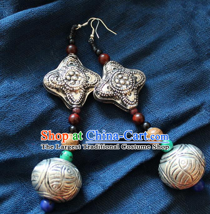 Chinese Handmade Miao Nationality Silver Large Earrings Traditional Minority Ethnic Carving Ear Accessories for Women