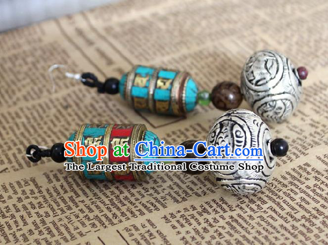 Chinese Handmade Miao Nationality Prayer Wheel Earrings Traditional Minority Ethnic Carving Silver Ear Accessories for Women