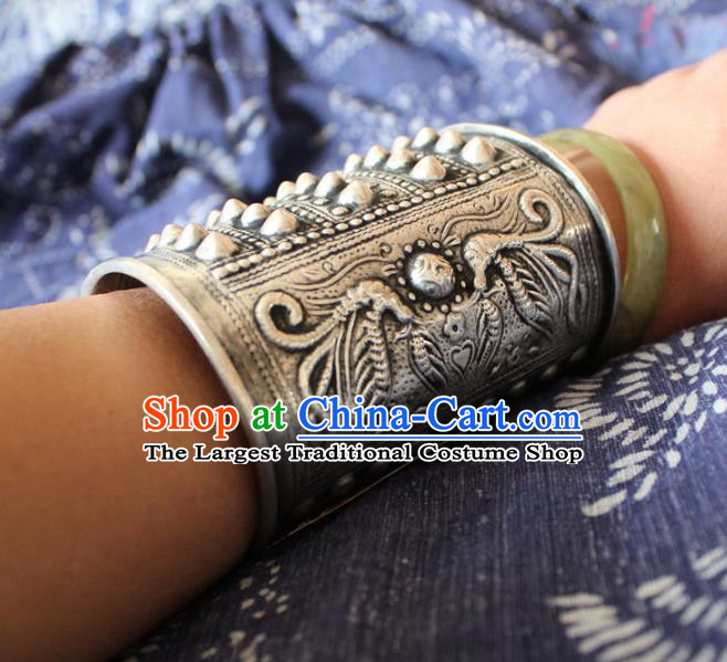 Chinese Handmade Miao Ethnic Silver Carving Wide Bangle Accessories Traditional Minority Stage Show Bracelet for Women