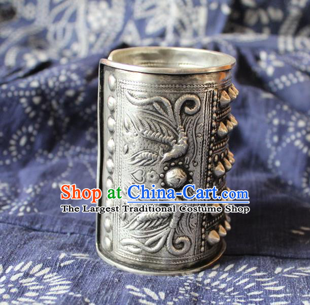 Chinese Handmade Miao Ethnic Silver Carving Wide Bangle Accessories Traditional Minority Stage Show Bracelet for Women