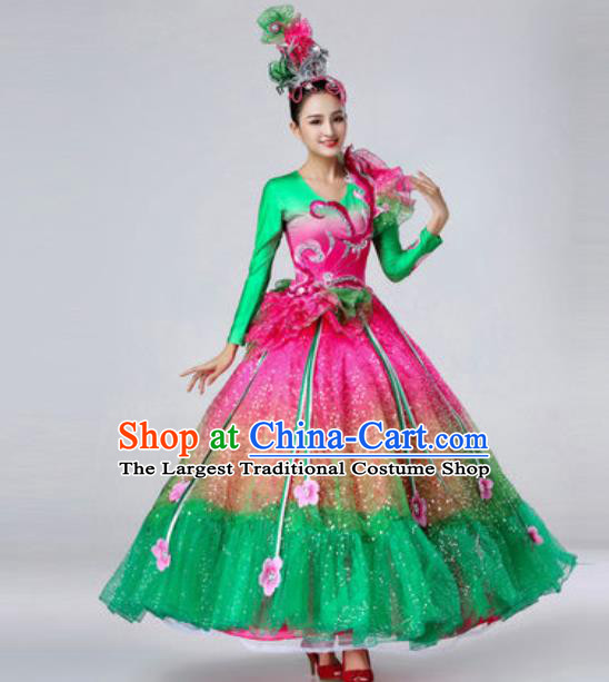 Traditional Chinese Peony Dance Outfits Classical Dance Green Dress Opening Dance Stage Performance Costume for Women