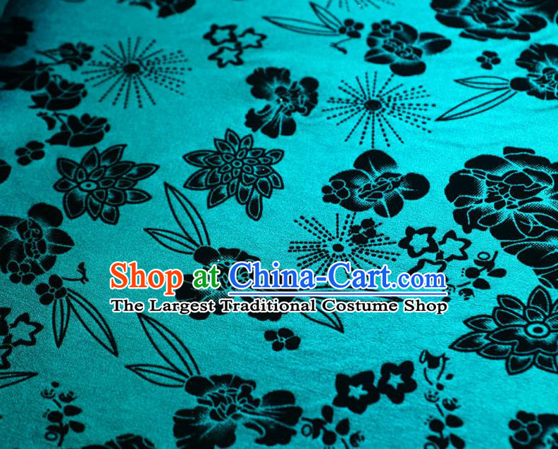 Chinese Traditional Flowers Pattern Design Lake Blue Flocking Fabric Velvet Cloth Asian Pleuche Material