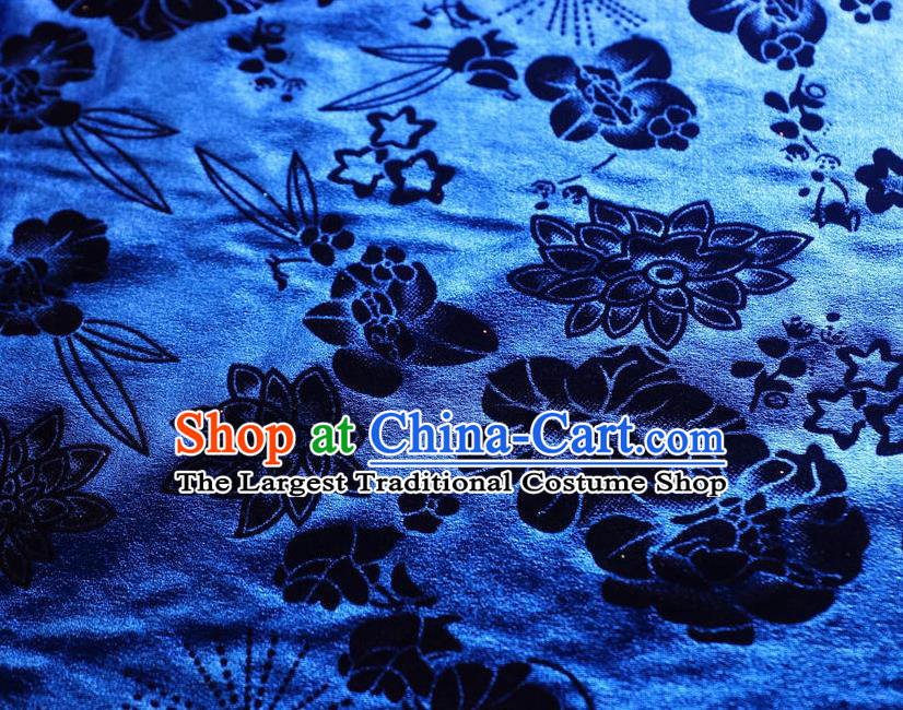 Chinese Traditional Flowers Pattern Design Royalblue Flocking Fabric Velvet Cloth Asian Pleuche Material