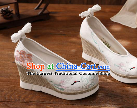 Chinese Traditional National Shoes White Cloth Shoes Embroidered Crane Peony Shoes Hanfu Shoes Women Shoes Wedge Heels Shoes