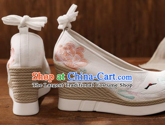 Chinese Traditional National Shoes White Cloth Shoes Embroidered Crane Peony Shoes Hanfu Shoes Women Shoes Wedge Heels Shoes