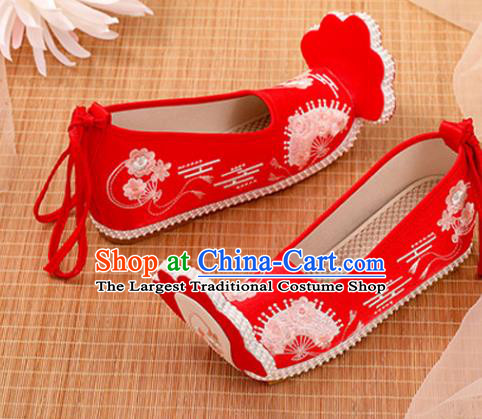 Chinese Ancient Princess Red Satin Embroidered Shoes Court Women Shoes Handmade Palace Lady Shoes Embroidery Shoes