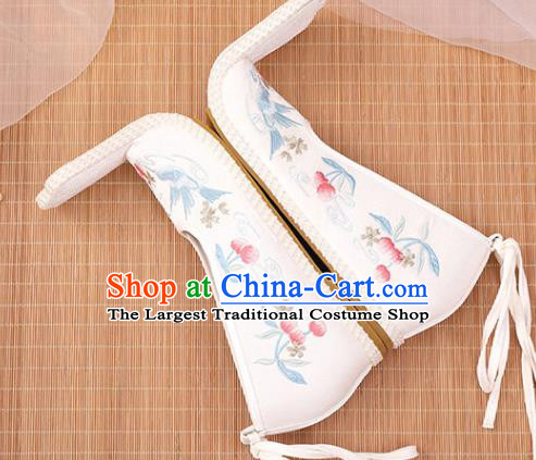 Chinese Ancient Court Women White Satin Embroidered Shoes Princess Shoes Handmade Palace Lady Shoes Embroidery Cherry Bird Shoes