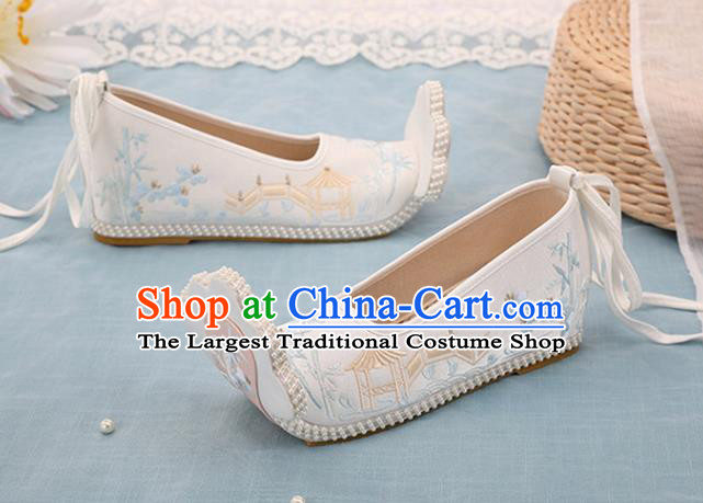 Chinese Ancient Court Women Beige Embroidered Shoes Princess Satin Shoes Handmade Palace Lady Shoes Embroidery Bamboo Bridge Shoes