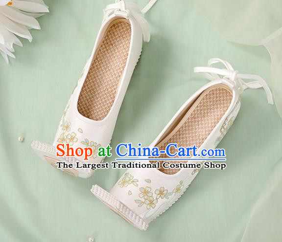 Chinese Ancient Embroidery Plum Blossom White Shoes Court Lady Shoes Embroidered Shoes Princess Satin Shoes Handmade Shoes