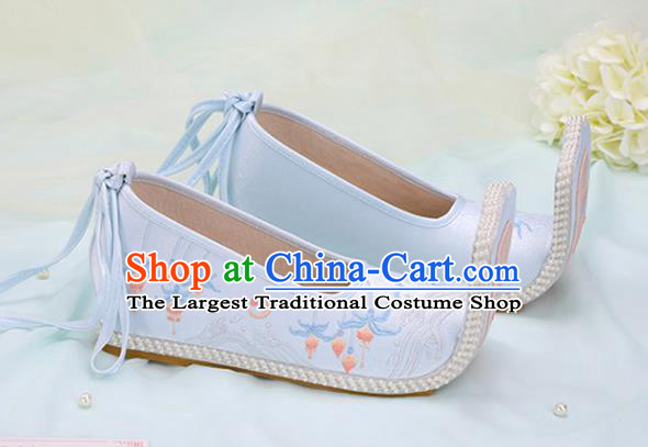Chinese Ancient Embroidery Enkianthus Blue Shoes Traditional Court Lady Shoes Embroidered Shoes Princess Satin Shoes Handmade Hanfu Shoes