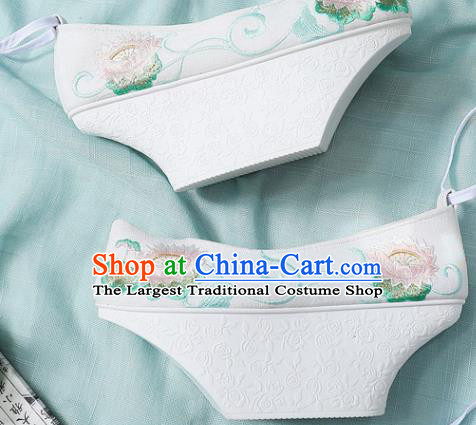 Chinese Qing Dynasty White Saucers Shoes Ancient Princess Embroidery Lotus Shoes Traditional Court Lady Shoes Embroidered Shoes Handmade Satin Shoes