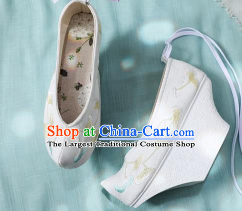 Chinese Qing Dynasty Court Lady White Satin Saucers Shoes Ancient Princess Embroidery Ginkgo Leaf Shoes Traditional Embroidered Shoes Handmade Hanfu Shoes