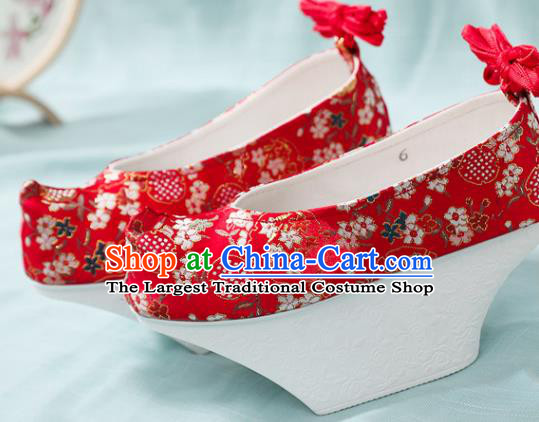 Chinese Qing Dynasty Princess Red Satin Embroidered Shoes Court Women Shoes Ancient Palace Lady Shoes Imperial Consort Saucers Shoes