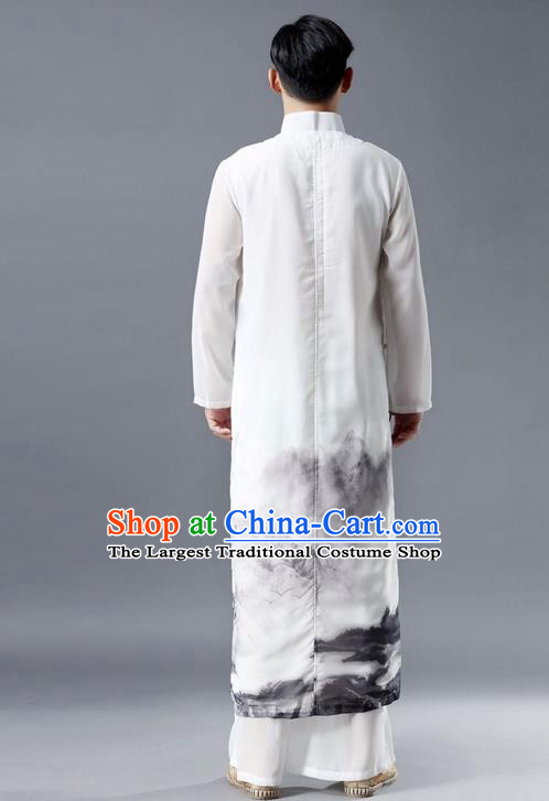 Republic of China National Ink Painting White Chiffon Robe Traditional Tang Suit Costume Comic Dialogue Long Gown for Men