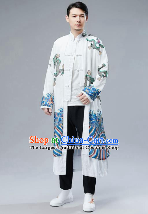 Chinese National Printing Dragon White Coat Traditional Tang Suit Outer Garment Overcoat Costume for Men