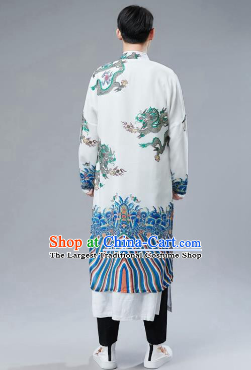 Chinese National Printing Dragon White Coat Traditional Tang Suit Outer Garment Overcoat Costume for Men
