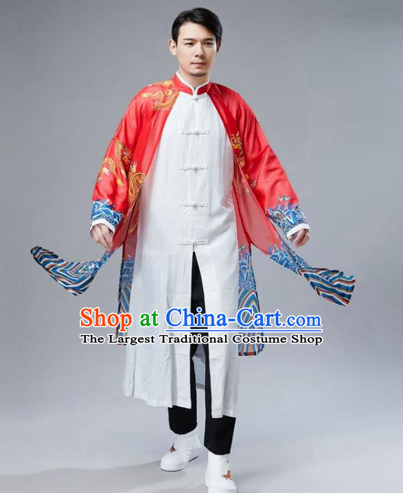 Chinese National Printing Dragon Red Coat Traditional Tang Suit Outer Garment Overcoat Costume for Men