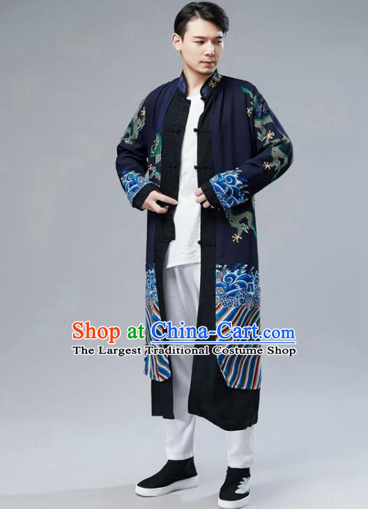 Chinese National Printing Dragon Navy Coat Traditional Tang Suit Outer Garment Overcoat Costume for Men
