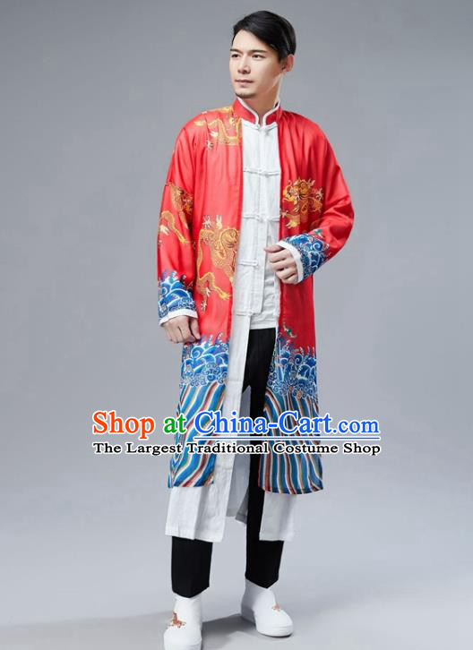 Chinese National Printing Dragon Red Coat Traditional Tang Suit Outer Garment Overcoat Costume for Men
