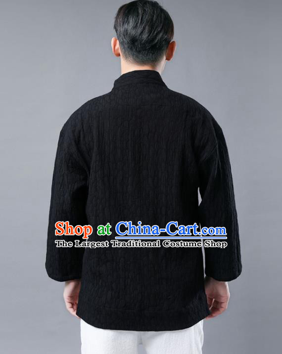 Chinese National Black Flax Jacket Traditional Tang Suit Outer Garment Overcoat Costume Coat for Men
