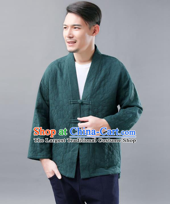 Chinese National Green Flax Jacket Traditional Tang Suit Outer Garment Overcoat Costume Coat for Men