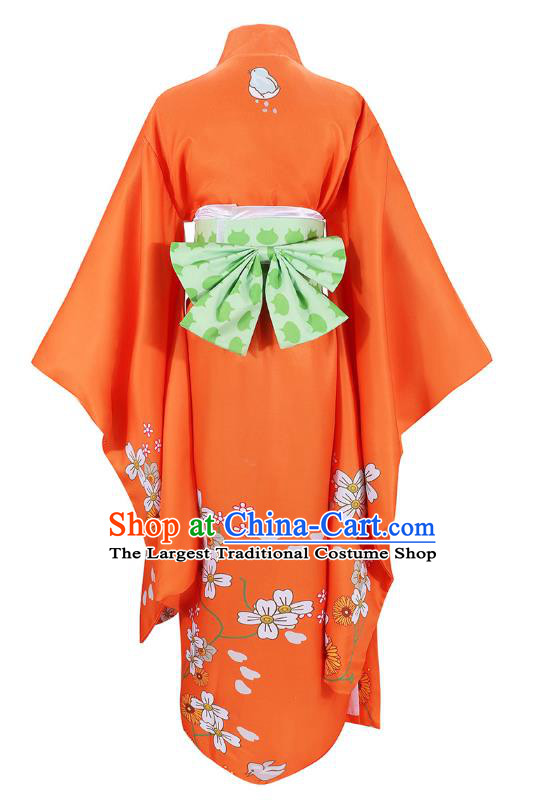 Traditional Japanese Printing Costumes Japan Kimono Cosplay Orange Yukata Dress for Women