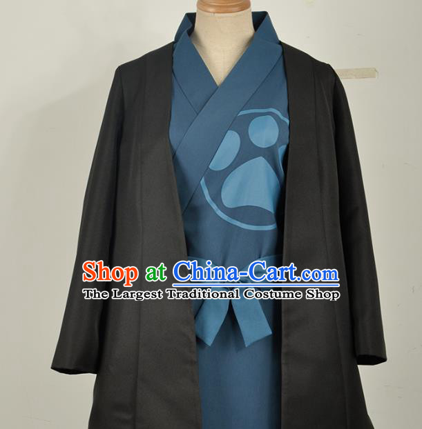 Traditional Japanese Cosplay Costumes Japan Kimono Black Haori and Navy Yukata Dress Belt Complete Set for Women