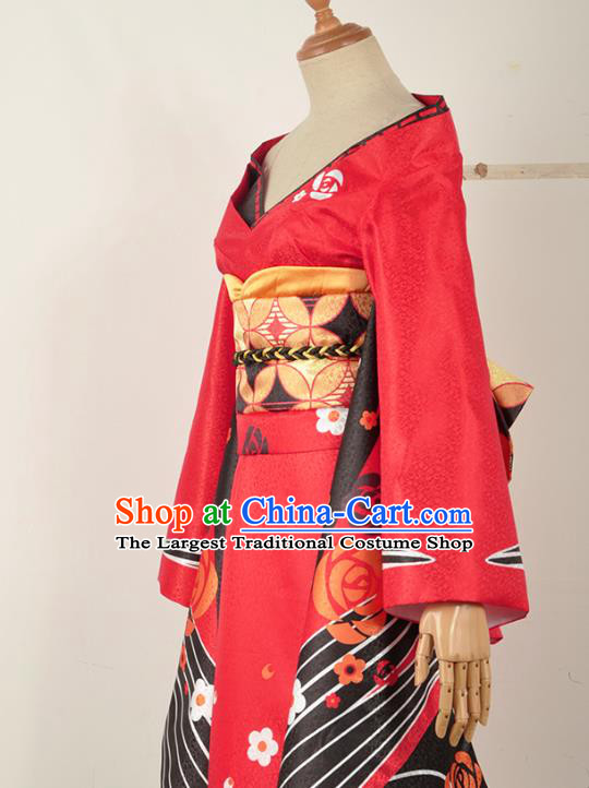 Traditional Japanese Geisha Costumes Japan Kimono Okuni Red Yukata Dress and Belt Complete Set for Women