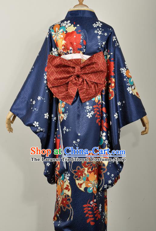 Traditional Japanese Court Silk Costumes Japan Geisha Printing Navy Yukata Dress Furisode Kimono and Belt Complete Set for Women
