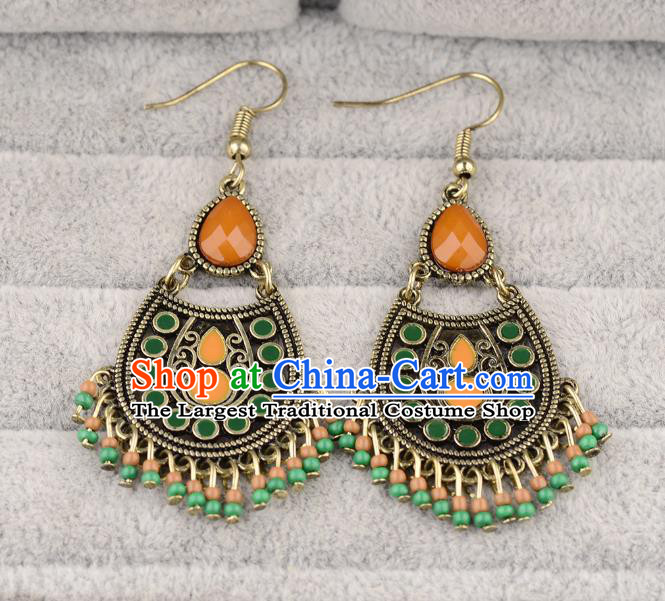 Asian India Traditional Green Tassel Eardrop Asia Indian Earrings Bollywood Dance Jewelry Accessories for Women