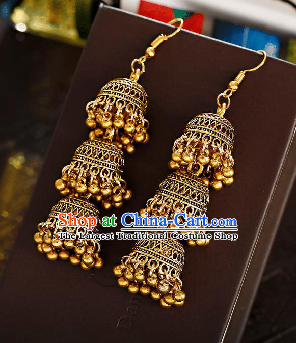 Asian India Traditional Golden Birdcage Eardrop Asia Indian Earrings Bollywood Dance Jewelry Accessories for Women