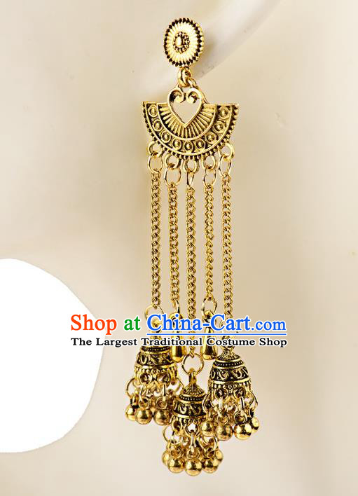 Asian India Traditional Golden Bells Tassel Eardrop Asia Indian Earrings Bollywood Dance Jewelry Accessories for Women