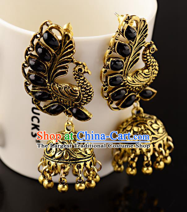 Asian India Traditional Black Gems Peacock Eardrop Asia Indian Bells Tassel Earrings Bollywood Dance Jewelry Accessories for Women