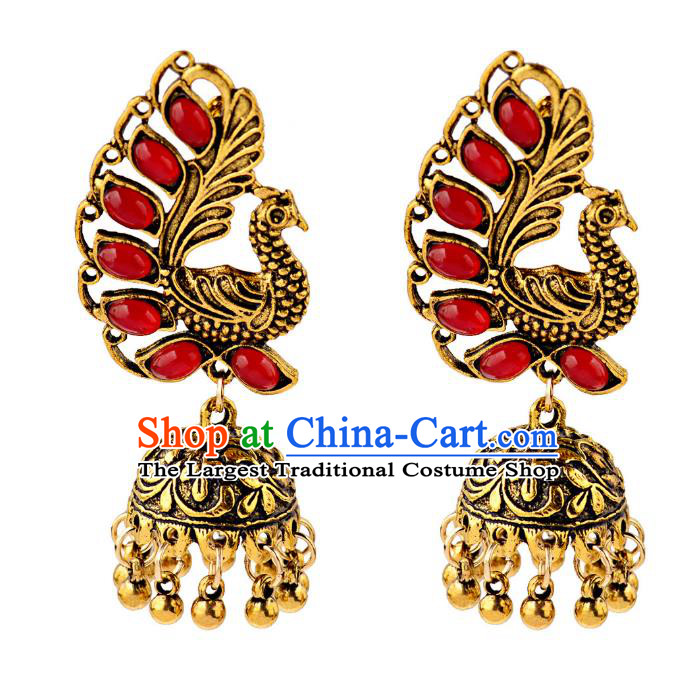 Asian India Traditional Red Gems Peacock Eardrop Asia Indian Bells Tassel Earrings Bollywood Dance Jewelry Accessories for Women