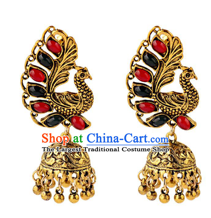 Asian India Traditional Gems Peacock Eardrop Asia Indian Bells Tassel Earrings Bollywood Dance Jewelry Accessories for Women