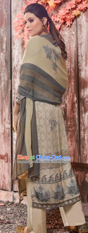 Asian India National Costumes Asia Indian Traditional Printing Leaf Beige Crepe Dress Sari and Loose Pants for Women