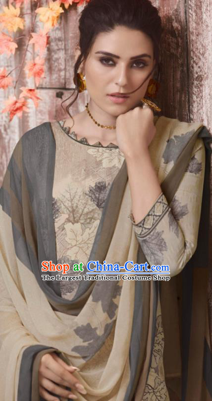 Asian India National Costumes Asia Indian Traditional Printing Leaf Beige Crepe Dress Sari and Loose Pants for Women