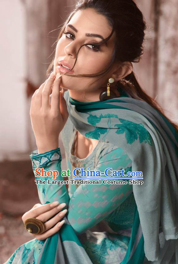 Asian India National Costumes Asia Indian Traditional Printing Leaf Gray Green Crepe Dress Sari and Loose Pants for Women