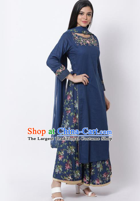Asian India National Embroidered Costumes Asia Indian Traditional Navy Cotton Dress Sari and Loose Pants for Women