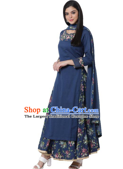Asian India National Embroidered Costumes Asia Indian Traditional Navy Cotton Dress Sari and Loose Pants for Women