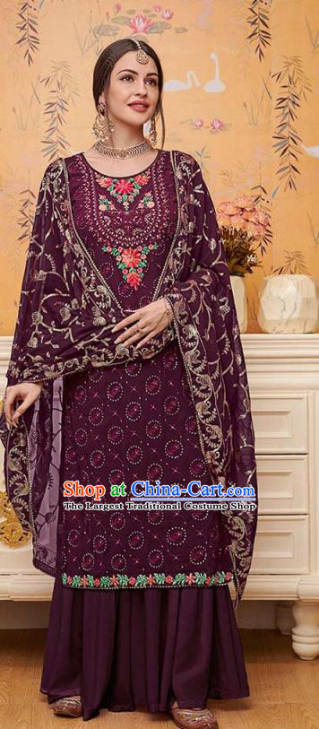 Asian India National Embroidered Punjab Costumes Asia Indian Traditional Purple Faux Georgette Dress Sari and Loose Pants for Women