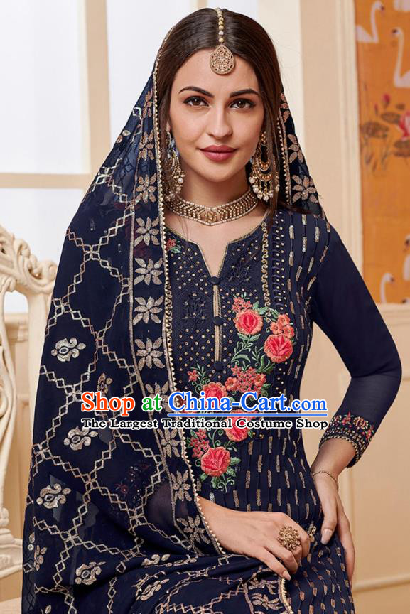 Asian India National Embroidered Punjab Costumes Asia Indian Traditional Navy Blue Faux Georgette Dress Sari and Loose Pants for Women
