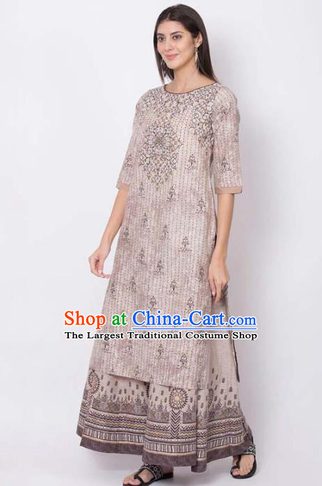 Asian India National Light Brown Long Shirt Costumes Asia Indian Traditional Printing Cotton Blouse for Women
