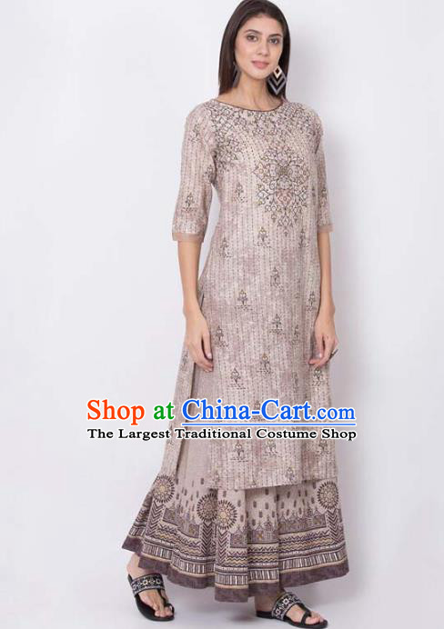 Asian India National Light Brown Long Shirt Costumes Asia Indian Traditional Printing Cotton Blouse for Women