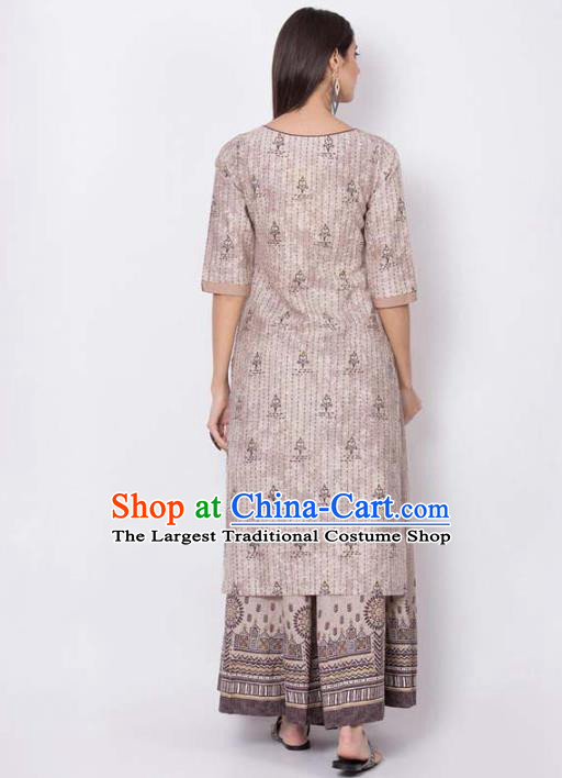 Asian India National Light Brown Long Shirt Costumes Asia Indian Traditional Printing Cotton Blouse for Women