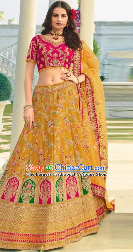 Asian India National Embroidered Lehenga Costumes Asia Indian Bride Traditional Rosy Satin Blouse and Mustard Skirt Sari for Women